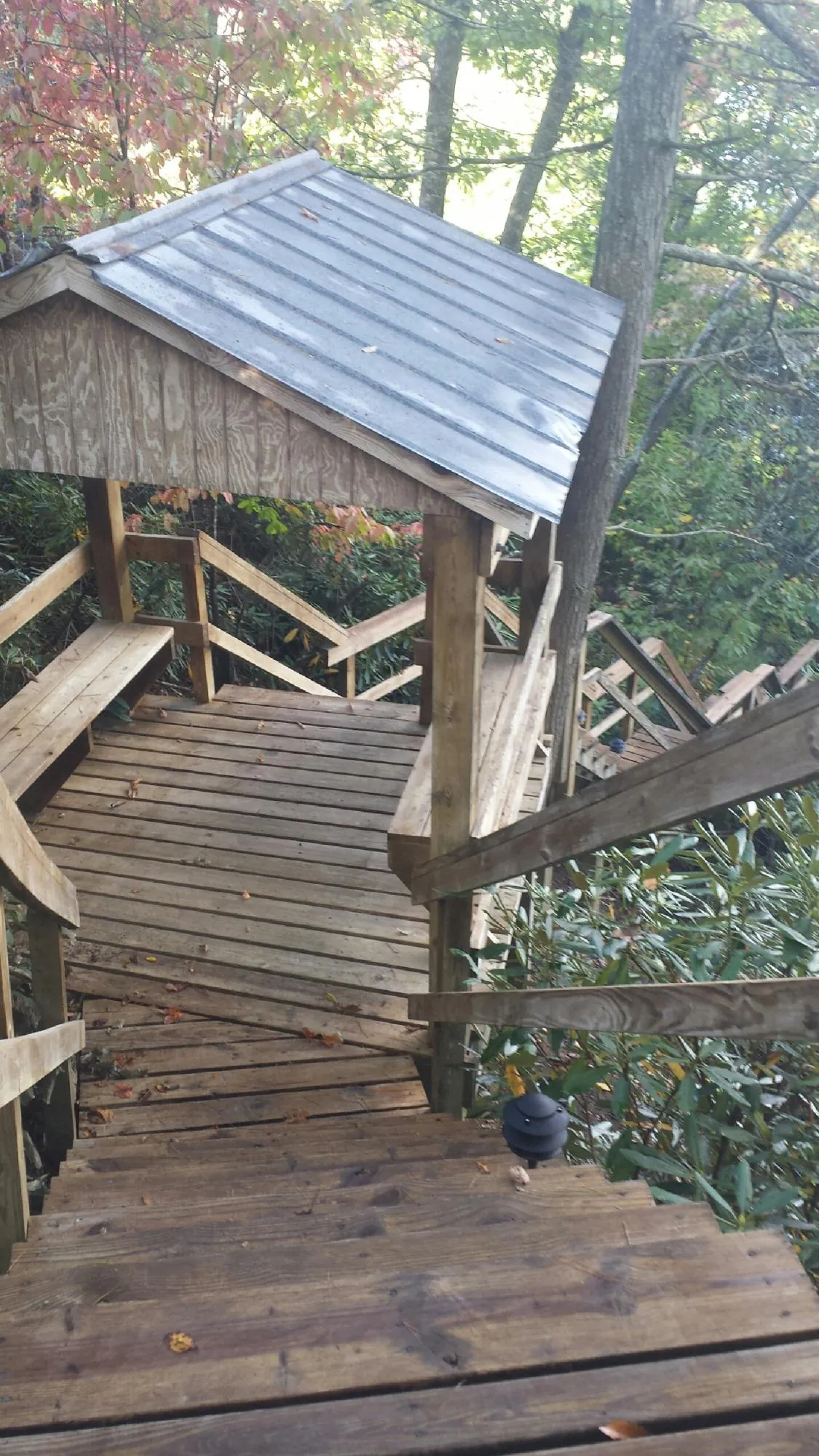 Metal roofed shelter over wooden steps on a wooded walkway — Skylight Repair & Installation work by our crew in Union City